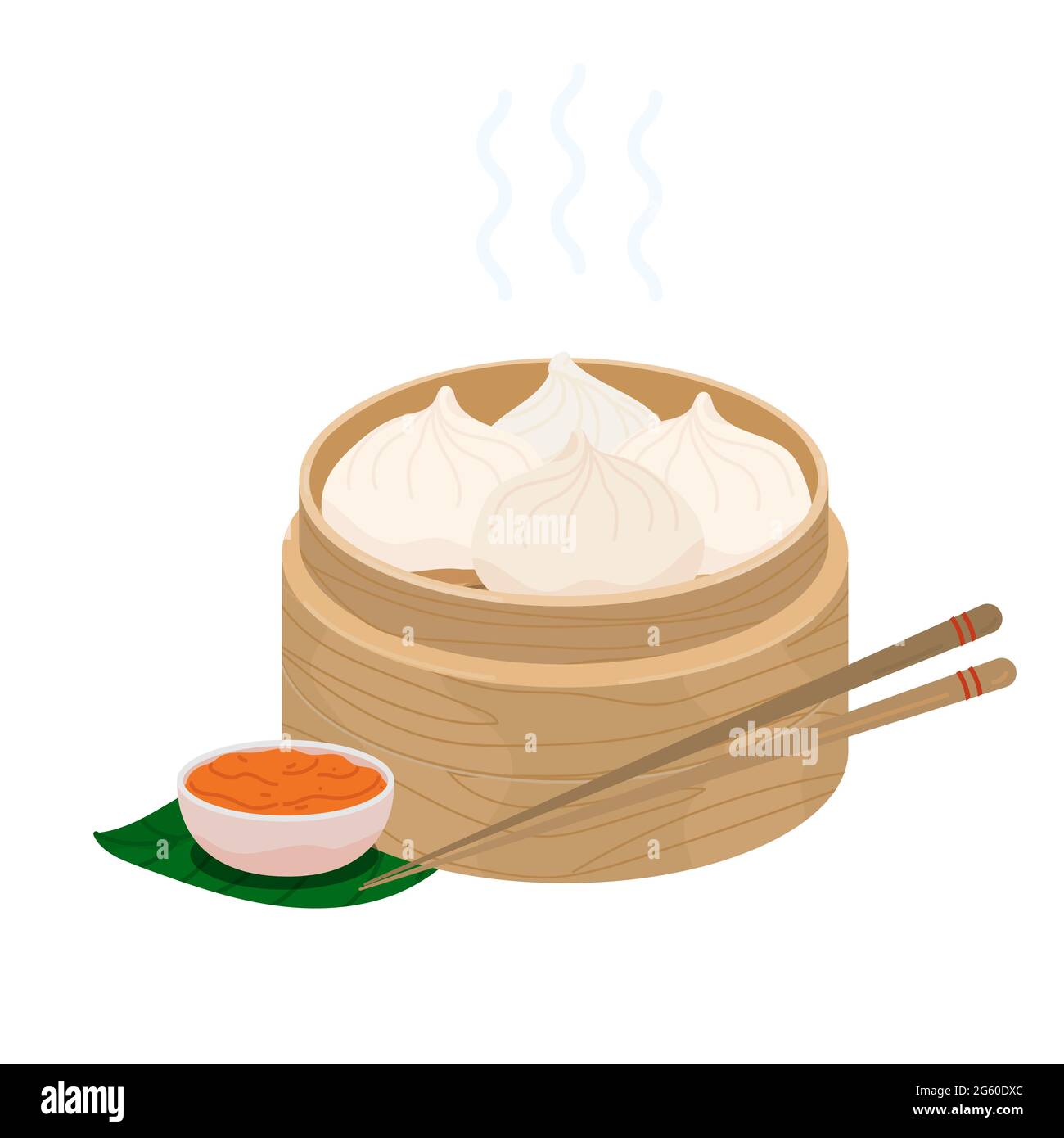 Baozi Mantou Momo Krinkali. Asiatische traditionelle Speisenklöße in Bambusdampfer. Vektor-Symbol mit chinesischen Speisen gedämpften Knödel oder Brötchen. Khinkali Stock Vektor