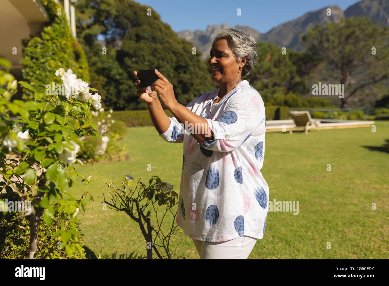 Ältere afroamerikanische Frau, die mit dem Smartphone im sonnigen Garten fotografiert Stockfoto