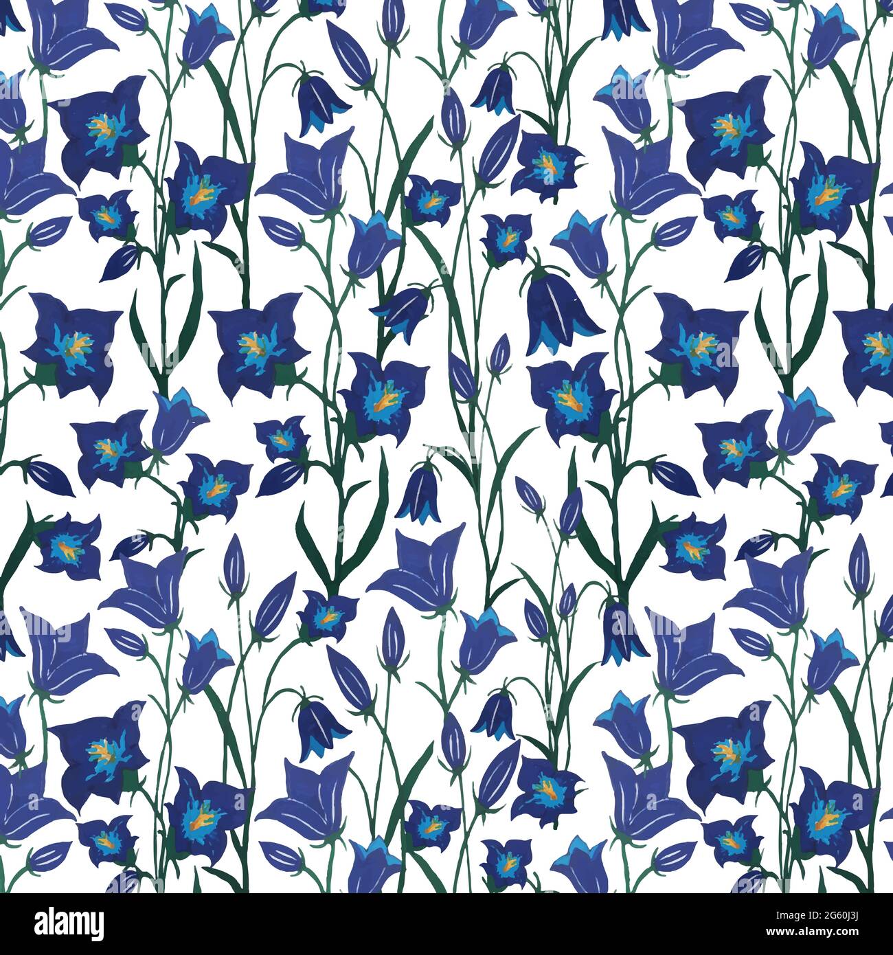 Nahtloses Vektor-Muster mit blauen Glockenblumen, Dampfgaren und Blättern. Handgezeichneter Marker botanisches Design auf weißem Hintergrund. Florales Dessin für die Qualität Stock Vektor