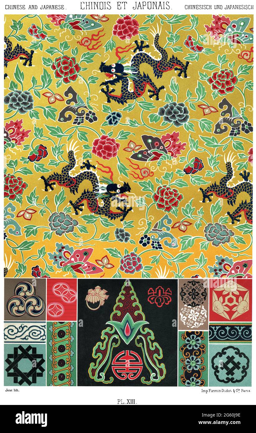Chinesische und japanische Kunst - Seide und gemeinsame Designs - Seide das schönste Beispiel der gewebten Stoffdekoration - durch den Ornament 1880. Stockfoto