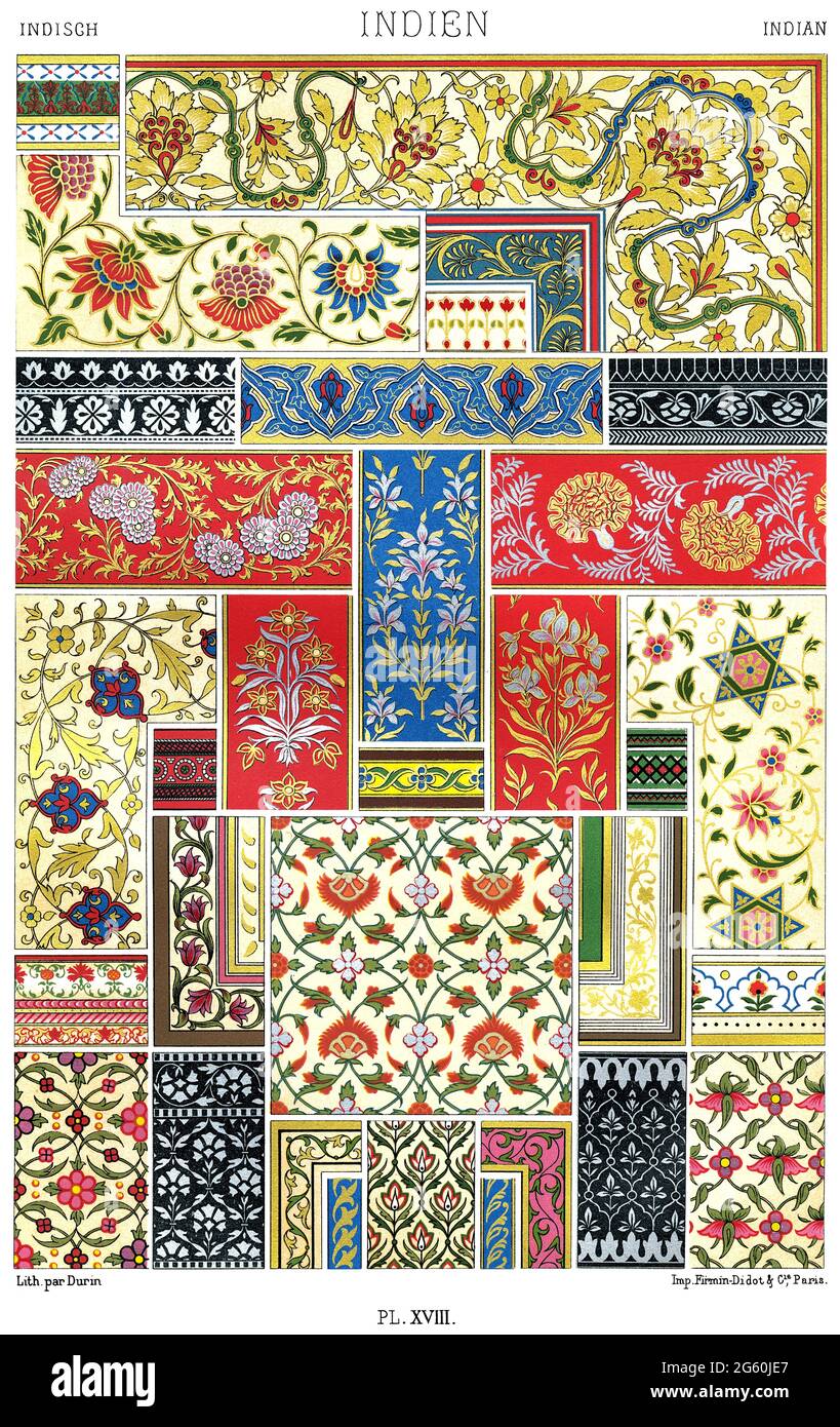 Indische Kunst - gewöhnliche Flora und Ornamente - Stickereien, Gemälde und Niello. - Durch Den Ornament 1880. Stockfoto