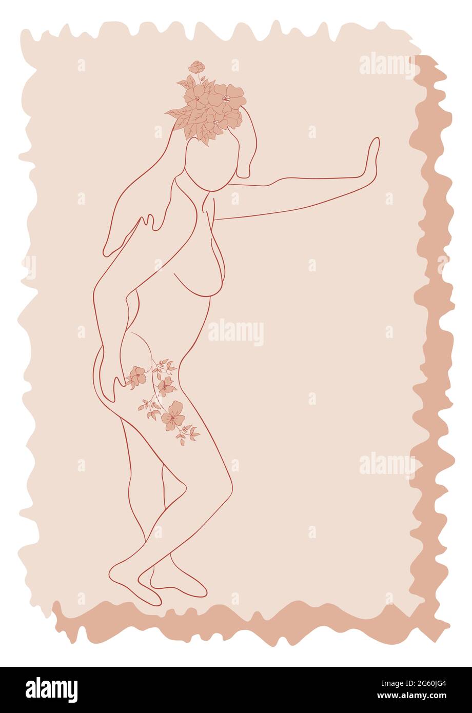 Silhouette einer Frau, weiblicher Körper, körperpositiv, kosmetisches Konzept mit Blumen, trendy beige, Schablone Stock Vektor
