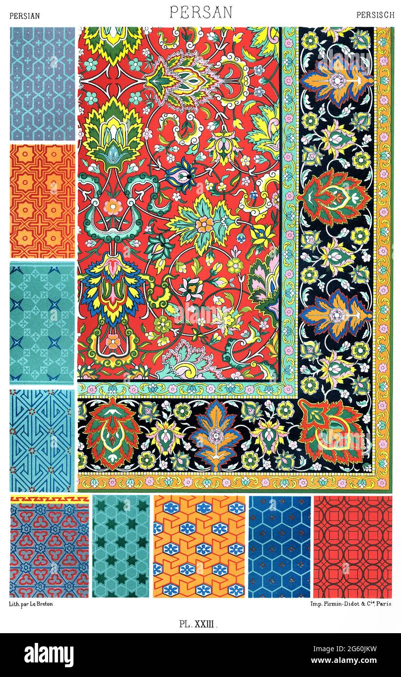 Persische Kunst - Tapisserie und allgemeine Ornamente - in der Zeit des 16. Jahrhunderts - durch den Ornament 1880. Stockfoto