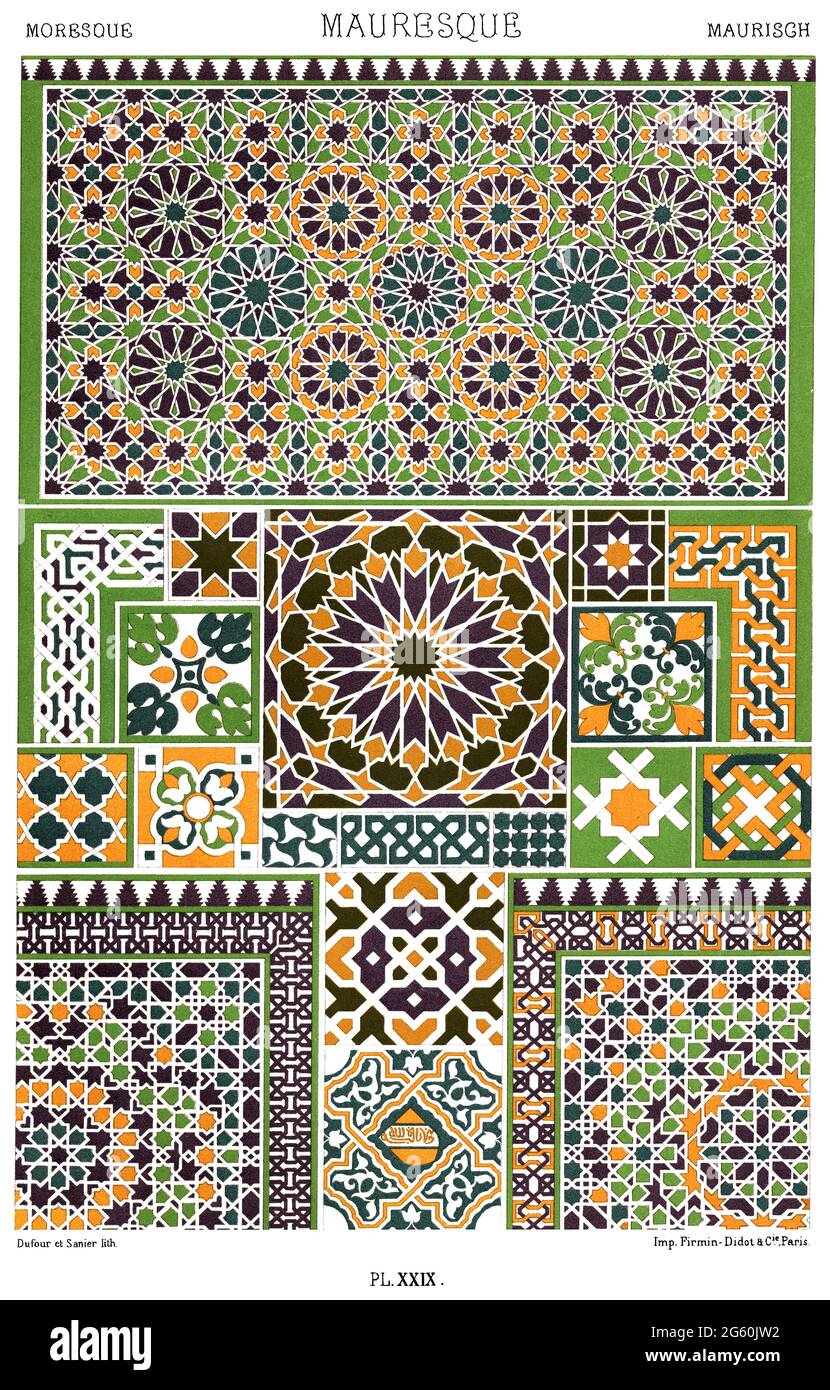 Maurische Kunst – Mosaike – emaillierte Terrakotta-Fliesen – von der Alhambra in Granada und Alcazar in Sevilla – von der Ornament 1880. Stockfoto