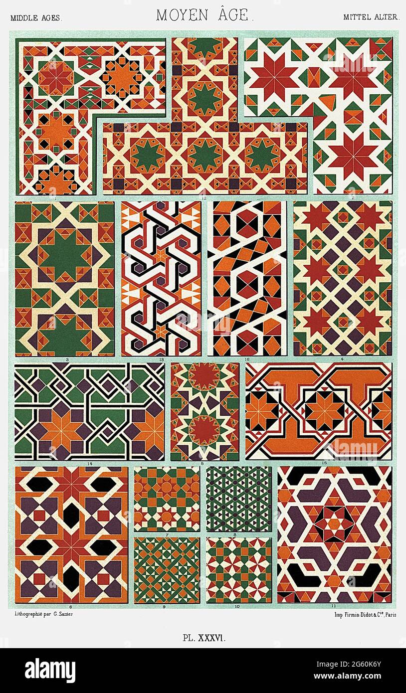 Middle Age - Mosaic Dekorationen. 7. Jahrhundert - Dekorative Motive in der Palatin-Kapelle von Palermo - durch den Ornament 1880. Stockfoto