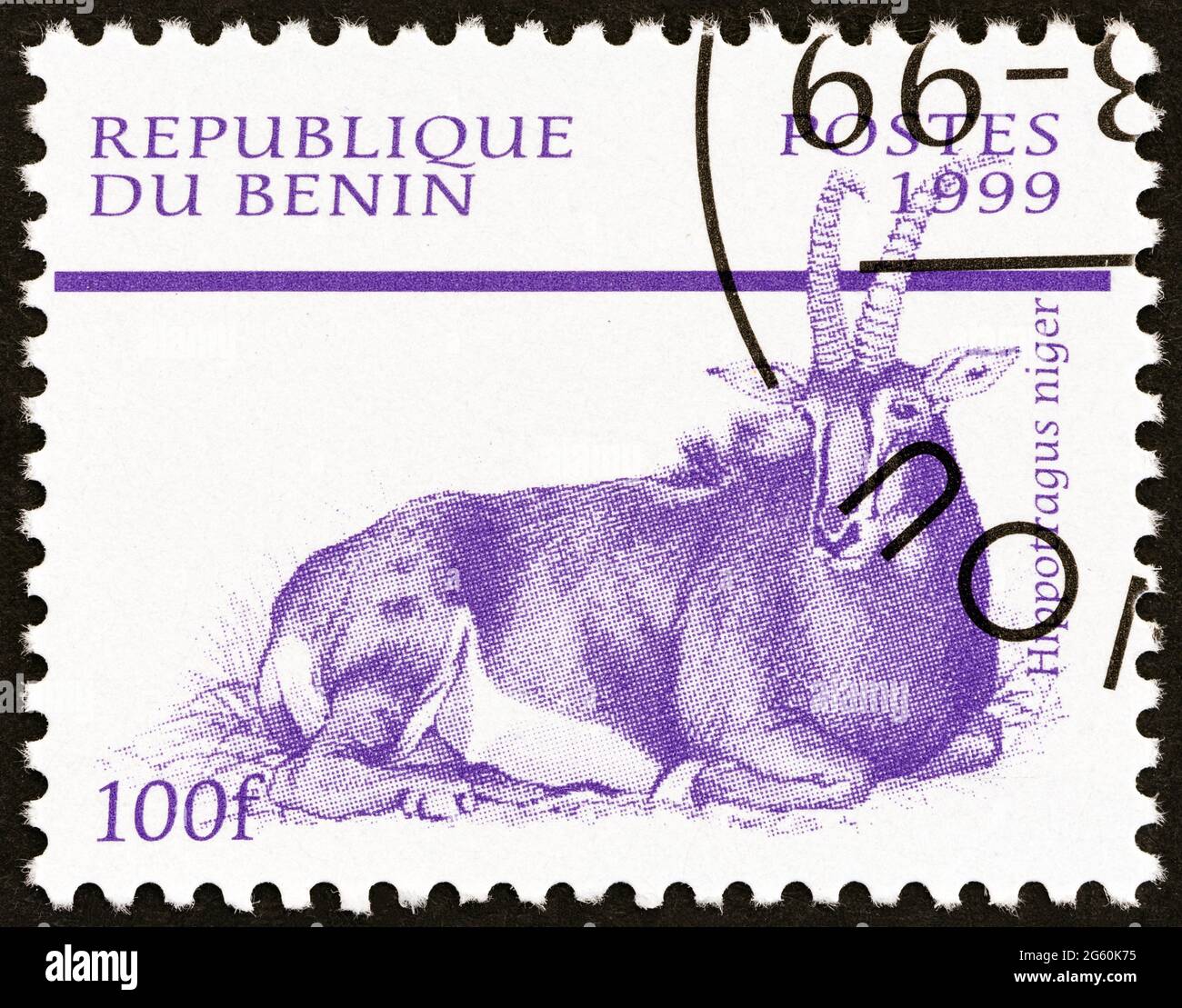 BENIN - UM 1999: Eine in Benin gedruckte Briefmarke aus der "Säugetiere"-Ausgabe zeigt Sable Antelope (Hippotragus niger), um 1999. Stockfoto