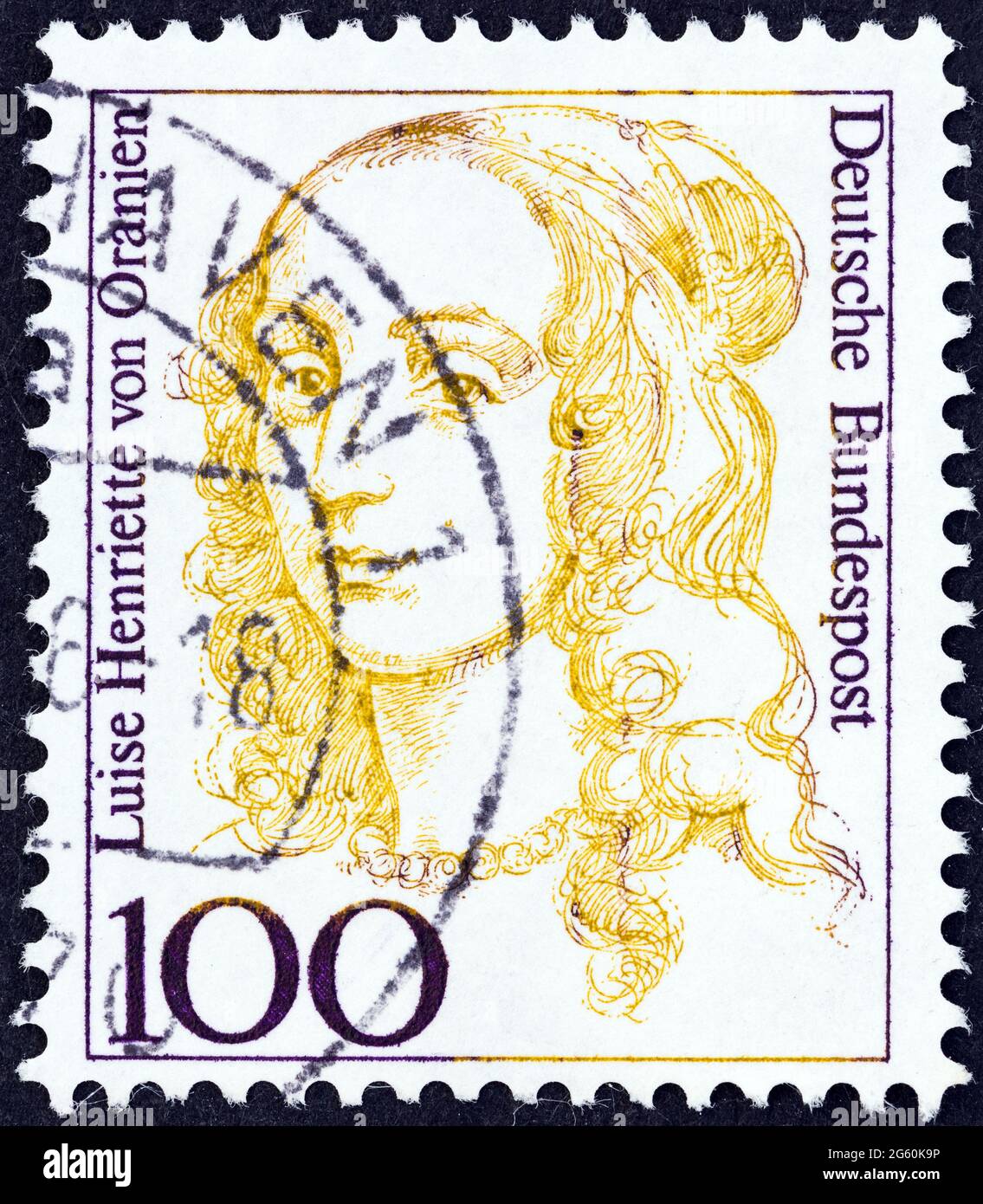 DEUTSCHLAND - UM 1986: Eine in Deutschland gedruckte Briefmarke zeigt die Mutter von König Friedrich I. von Preußen, Luise Henriette von Oranien, um 1986. Stockfoto