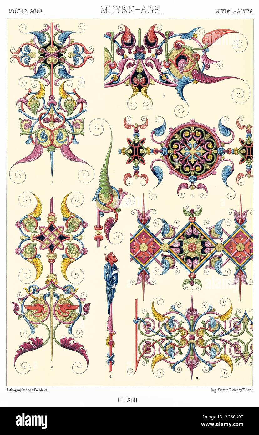 Mittelalter -´s. Jahrhundert, Buchmalerei - Buch des heiligen Thomas von Aquina, Cimabue und Giotto usw. - durch den Ornament 1880. Stockfoto