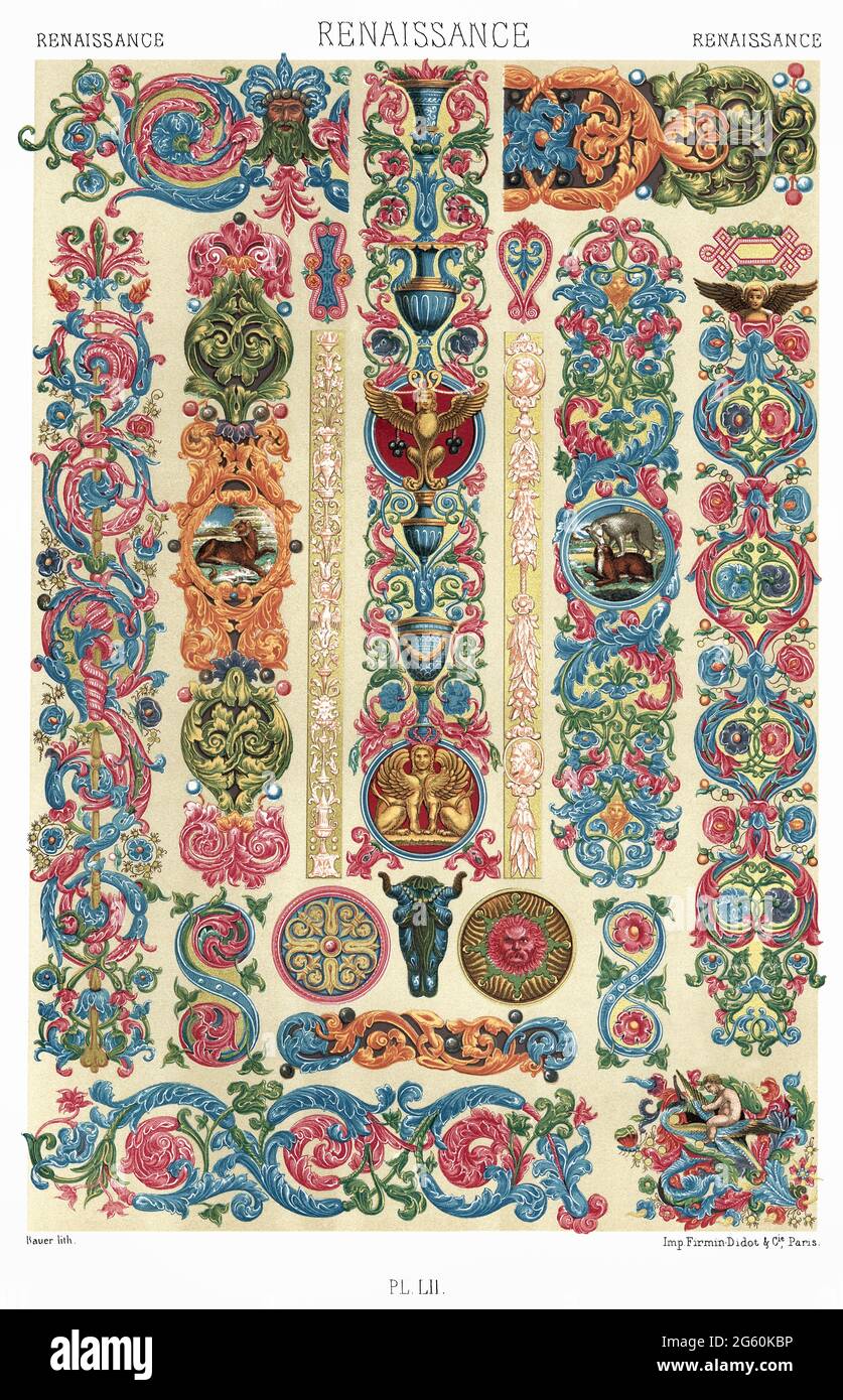 Renaissance - Handschriftenbilder - Girolamo da Cremona, Kunst der Miniatur usw. - durch den Ornament 1880. Stockfoto