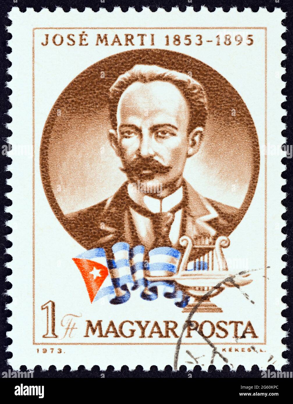 UNGARN - UM 1973: Eine in Ungarn gedruckte Briefmarke zum 120. Geburtstag von Jose Marti zeigt den kubanischen Patrioten Jose Marti, um 1973. Stockfoto