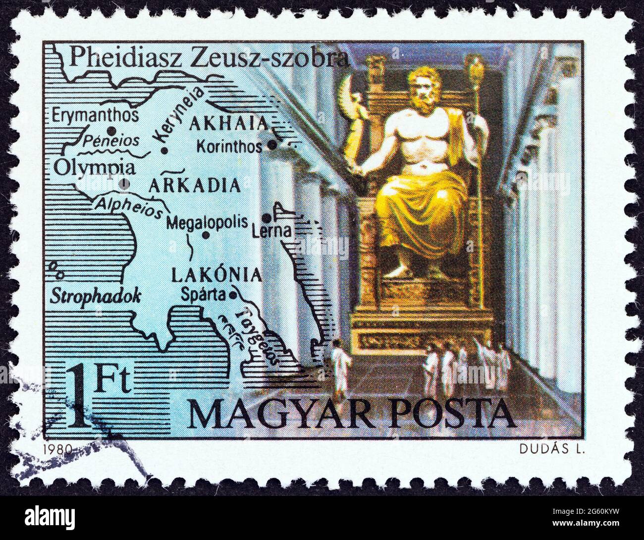 UNGARN - UM 1980: Eine in Ungarn gedruckte Marke aus der Ausgabe 'Sieben Wunder der Alten Welt' zeigt die Zeusstatue, Olympia, um 1980. Stockfoto