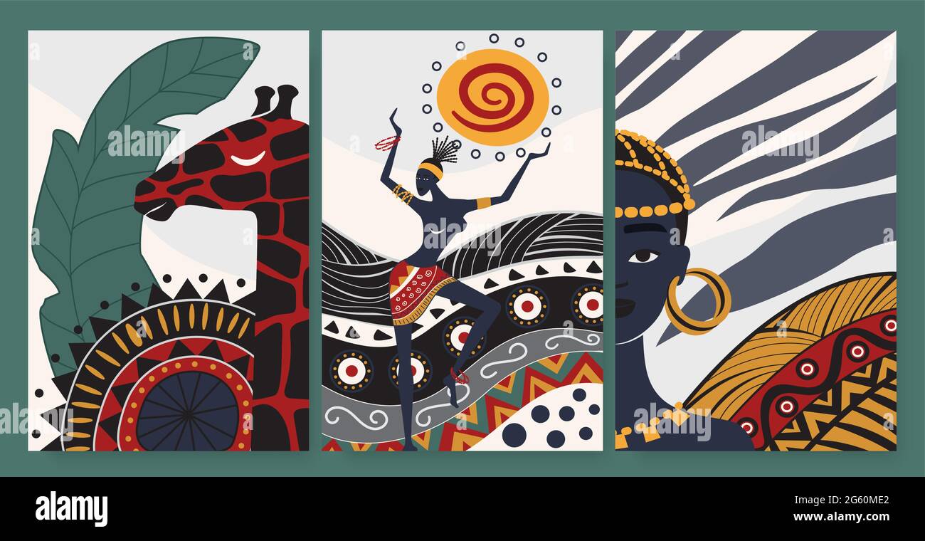 Afrikanische Menschen tanzen in ethnisch abstrakten Stammes Muster Vektor Illustration Set. Folk traditionelle Ornament, Giraffe und Tänzer aus Afrika, vertikale Social-Media-Geschichten Vorlage, Wandkunst-Design Stock Vektor