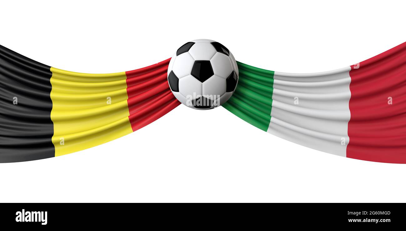 Belgien Vs. Fußballspiel in Italien. Nationalflaggen mit Fußball. 3D-Rendering Stockfoto