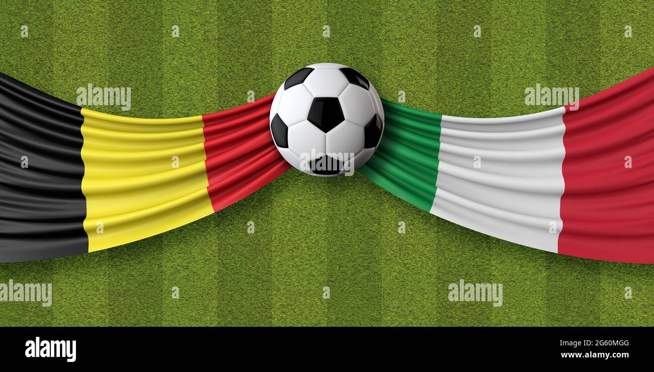 Belgien Vs. Fußballspiel in Italien. Nationalflaggen mit Fußball. 3D-Rendering Stockfoto