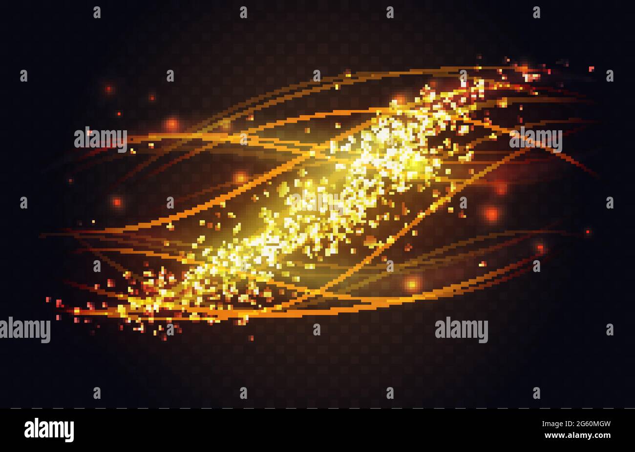 Abstrakte Linie Wellen der Bewegung goldenes Licht Effekt Vektor-Illustration. Futuristische dynamische Energieblitze mit glänzenden Glitzerpartikeln, luxuriöser goldener Wellenblitz in leuchtendem Raum vor dunklem Hintergrund Stock Vektor