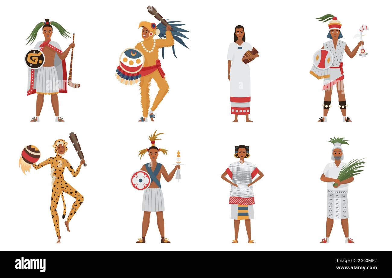 Azteken Stamm Menschen der alten Zivilisation Set Vektor Illustration. Cartoon Mann Frau Charaktere in traditionellen Kleidern und Kopfbedeckungen halten Waffe oder rituelle Objekte Sammlung isoliert auf weiß Stock Vektor