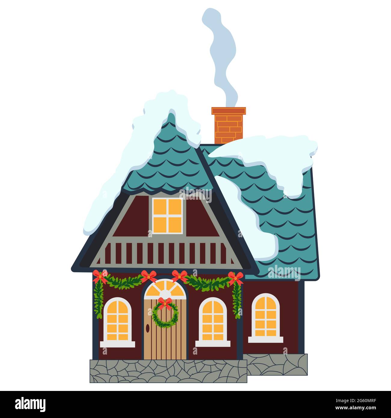 Isolierte dekorierte Gebäude für Neujahr und weihnachten. Bauen mit Tanne am Hof, Bau Fassade mit Laternen für Weihnachten. Urlaub und Fest Stock Vektor