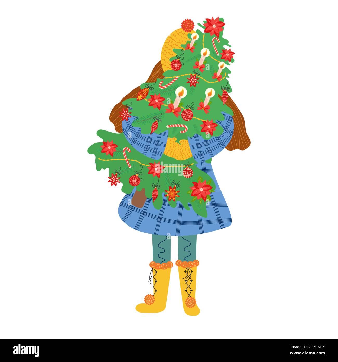 Glücklicher Mann, Mädchen umarmt trägt Weihnachtsbaum. Konzept für die Urlaubsvorbereitung. Stock Vektor