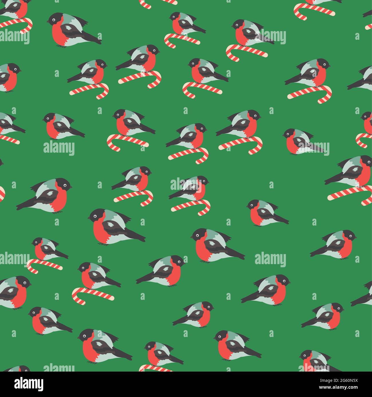 Nahtloses Muster für Weihnachten mit Rohrlollipop und Bullfink-Vogel. Winterurlaub Stock Vektor