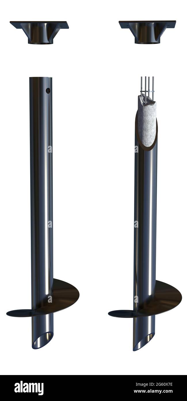 Schraubfundamente mit Spitzen - Beton und Bewehrung, isoliertes Konzept industrielle 3D-Illustration Stockfoto