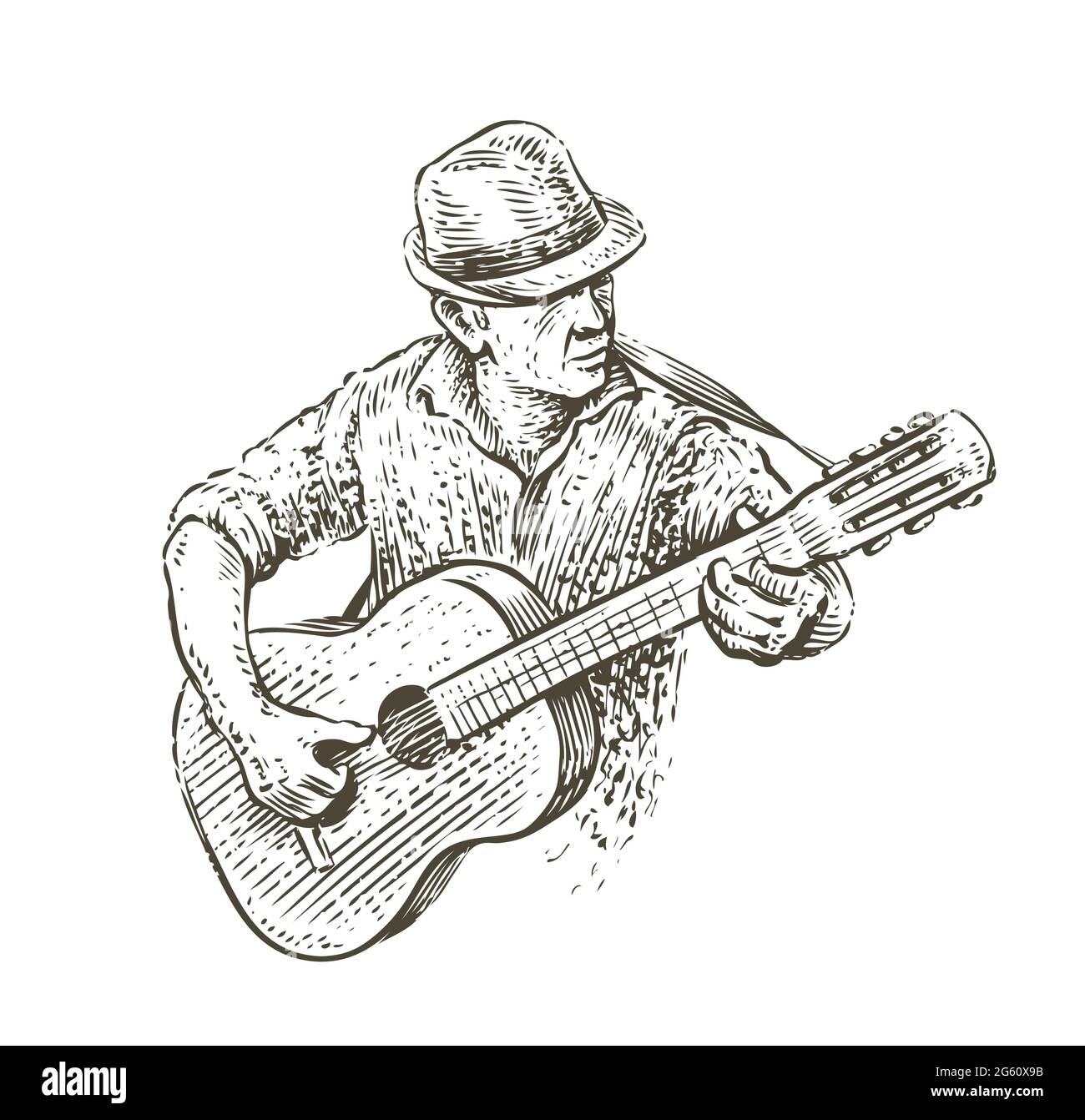 Mann im Hut, der Gitarre spielt. Country-Musik-Skizze im Vintage-Stil Stock Vektor