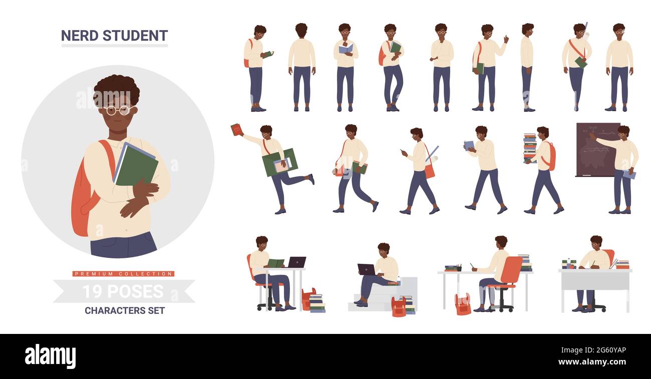 afroamerikanisch schwarz Teenager Schüler posiert Vektor Illustration set. Cartoon intelligente smart casual boy Charakter mit Brille, Rucksack und Bücher studieren und posieren vor isoliert Stock Vektor