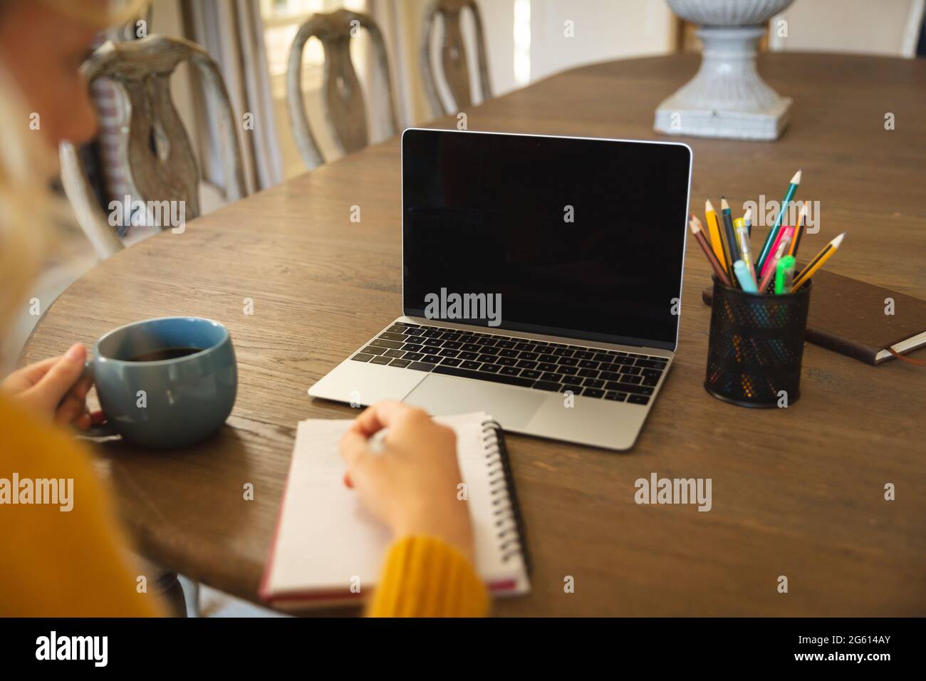 Kaukasische Frau, die zu Hause im Wohnzimmer arbeitet, am Tisch schreibt, einen Laptop benutzt und Platz auf dem Bildschirm kopiert Stockfoto