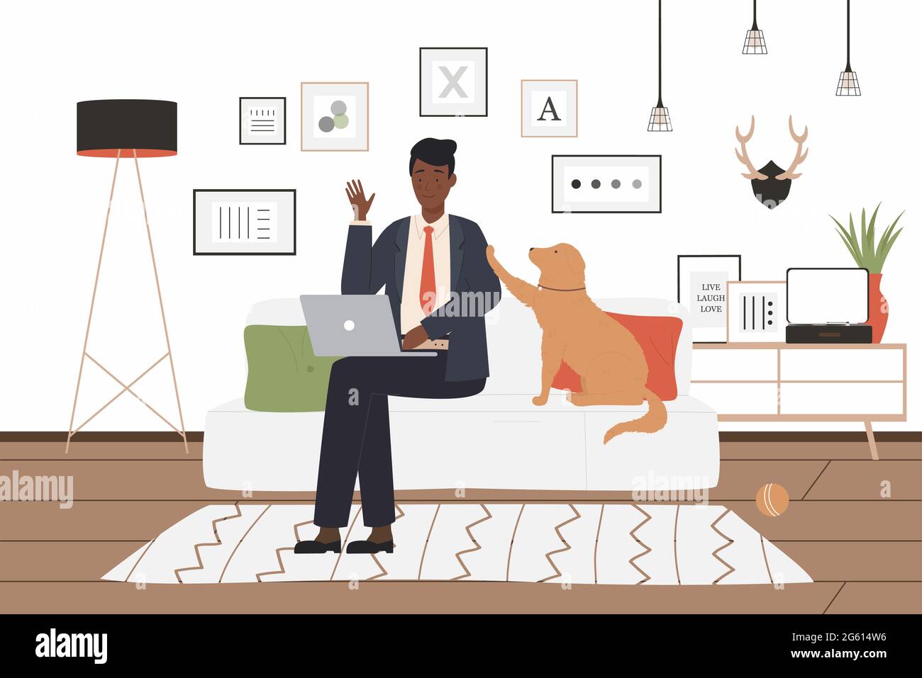Mann Freiberufler arbeitet mit Laptop zu Hause, Hund verhindert Arbeit Vektor Illustration. Cartoon junge Haustier Besitzer Charakter in Anzug sitzt auf einem bequemen Sofa mit verspielten doggy, Hund spielen Hintergrund Stock Vektor