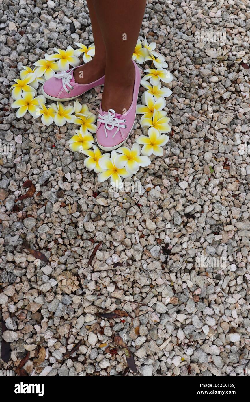Weibliche Füße in rosa Schuhen stehen in einem Herzen aus Blumen. Stockfoto