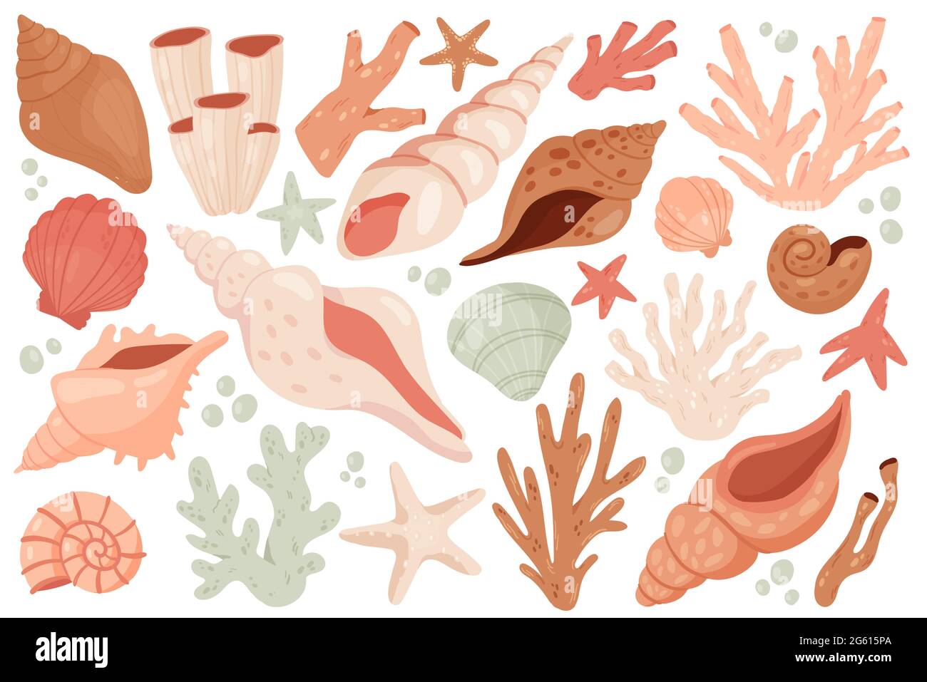 Seashell niedlichen marine set Vektor Illustration. Cartoon Unterwasser Schale Objekt Sammlung aus Meer Meeresboden, Strand oder Aquarium, Seesterne Korallen Molluske Muschelschnecke Spirale Schnecke auf weiß isoliert Stock Vektor