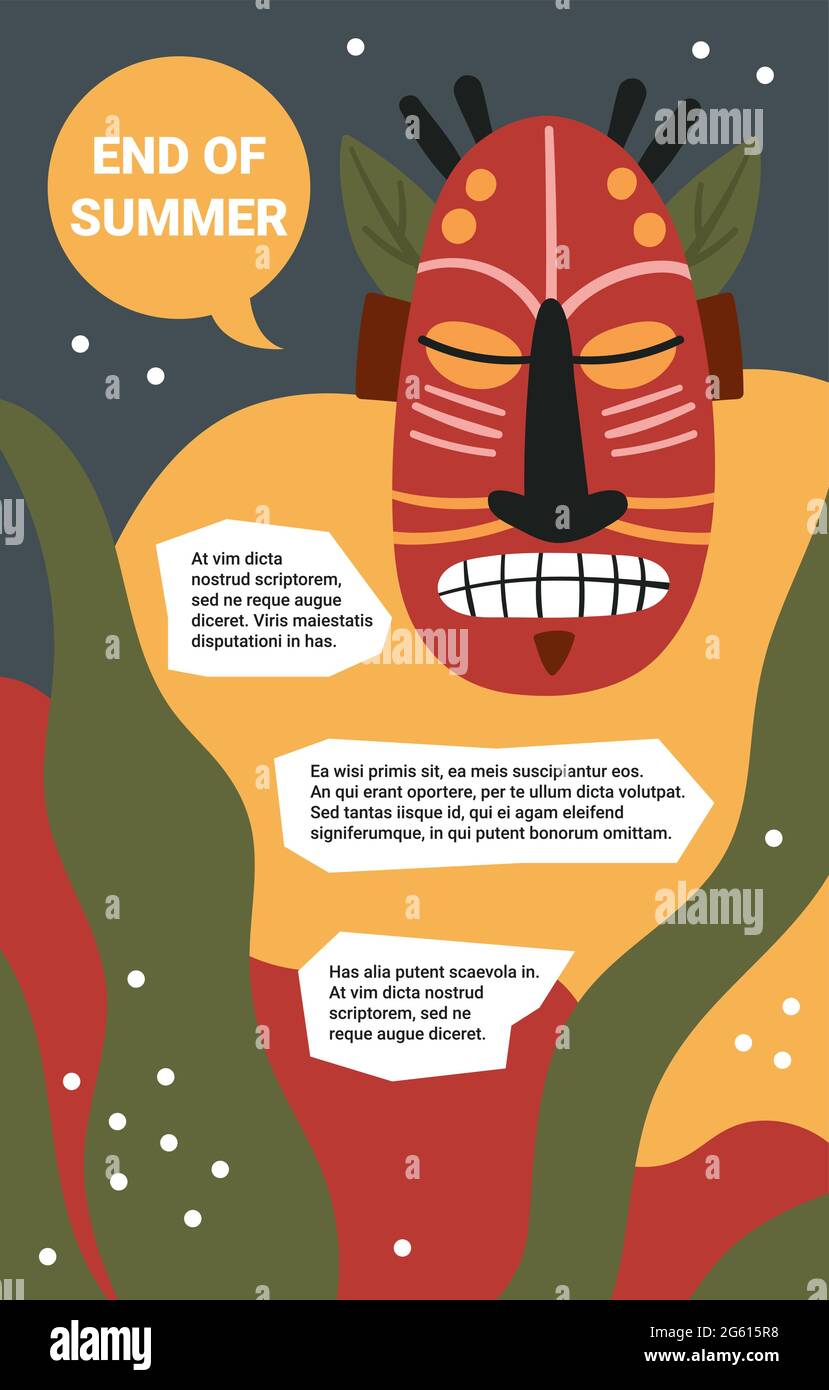 Abstrakte Wandkunst mit Wellenformen, hawaiianische Tiki-Maske in tropischer Sommer-Vektorgrafik. Cartoon Tribal Holzgesicht Totem aus Hawaii, Vorlage Hintergrund für Social-Media-Geschichte, Wandkunst Dekor Stock Vektor