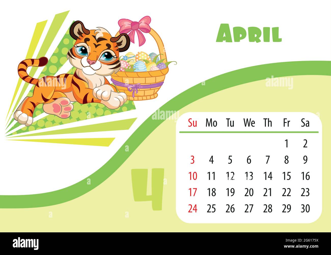 Horizontales Desktop Kinderkalender Design für April 2022, das Jahr des Tigers im chinesischen Kalender. Niedlicher Tiger-Charakter mit Korb von Ostern Stock Vektor
