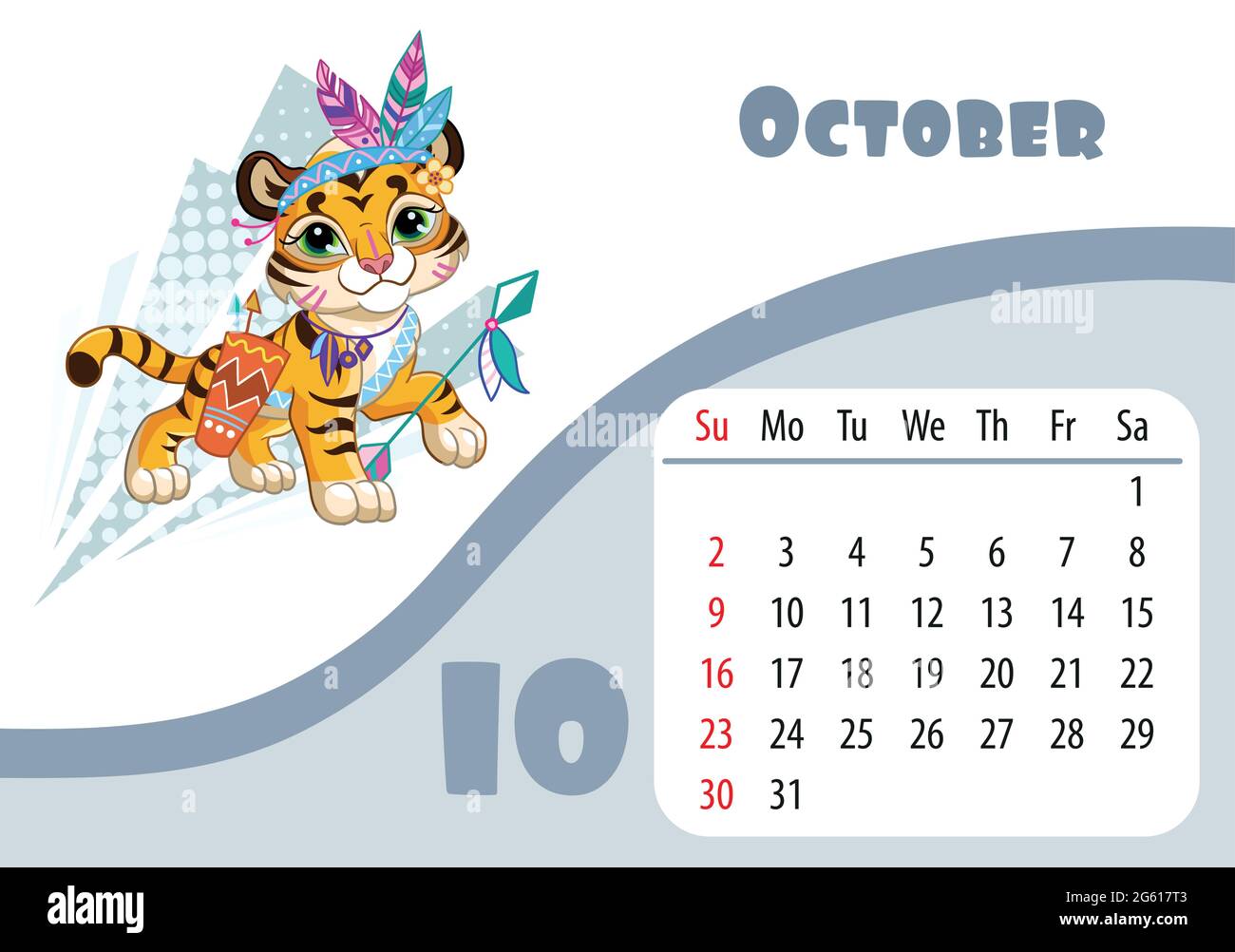 Horizontales Desktop Kinderkalender Design für Oktober 2022, das Jahr des Tigers im chinesischen Kalender. Niedliches Tiger-Junge in halloween Indian Costu Stock Vektor