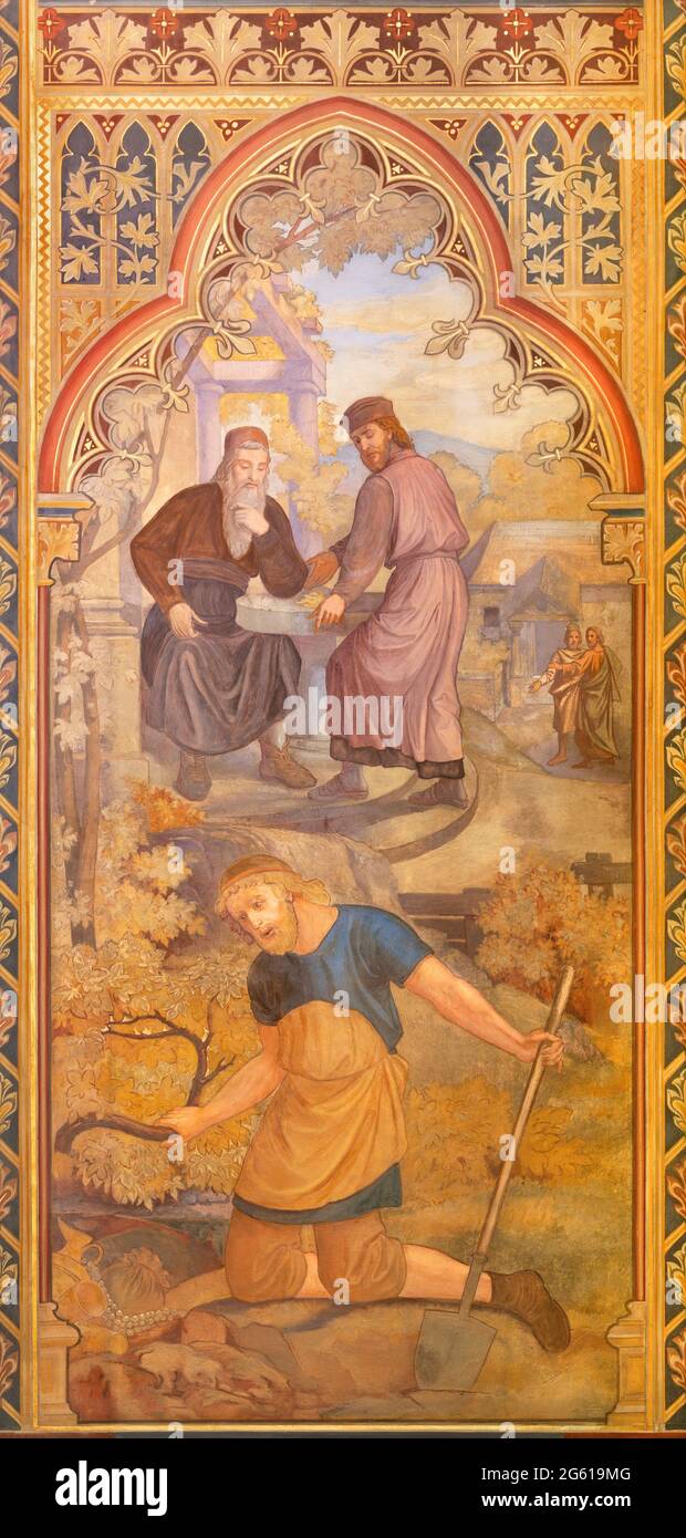 WIEN, AUSTIRA - 24. JUNI 2021: Das Fresko das Gleichnis vom verborgenen Schatz in der Votivkirche der Brüder Carl und Franz Jobst Stockfoto