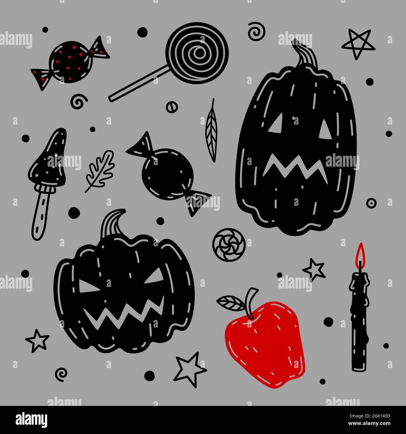 Kürbis, Pilz, Süßigkeiten, Apfel, Kerze handgezeichnete Vektorgrafik. Halloween Vektor-Set. Sammlung von halloween-Attributen und Symbolen Stock Vektor