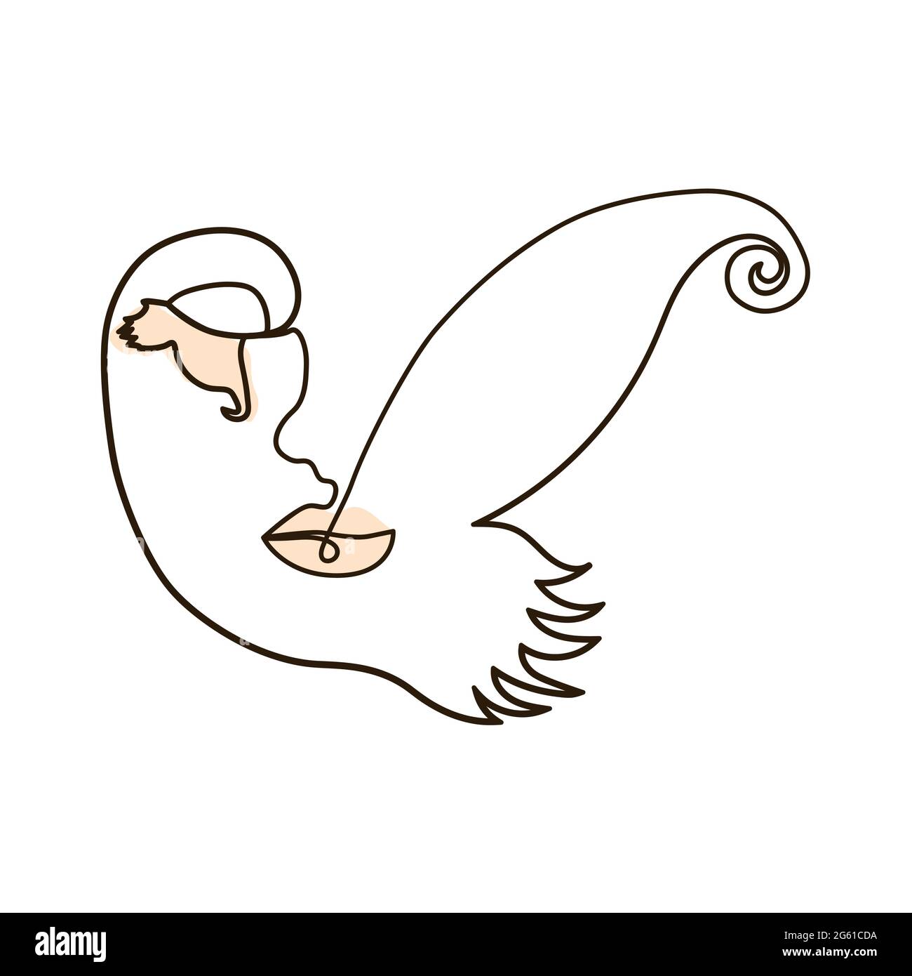 Frauen Gesicht mit Schmetterling eine Linie Zeichnung. Abstrakte, minimale, durchgehende Linie im Hochformat. Stock Vektor