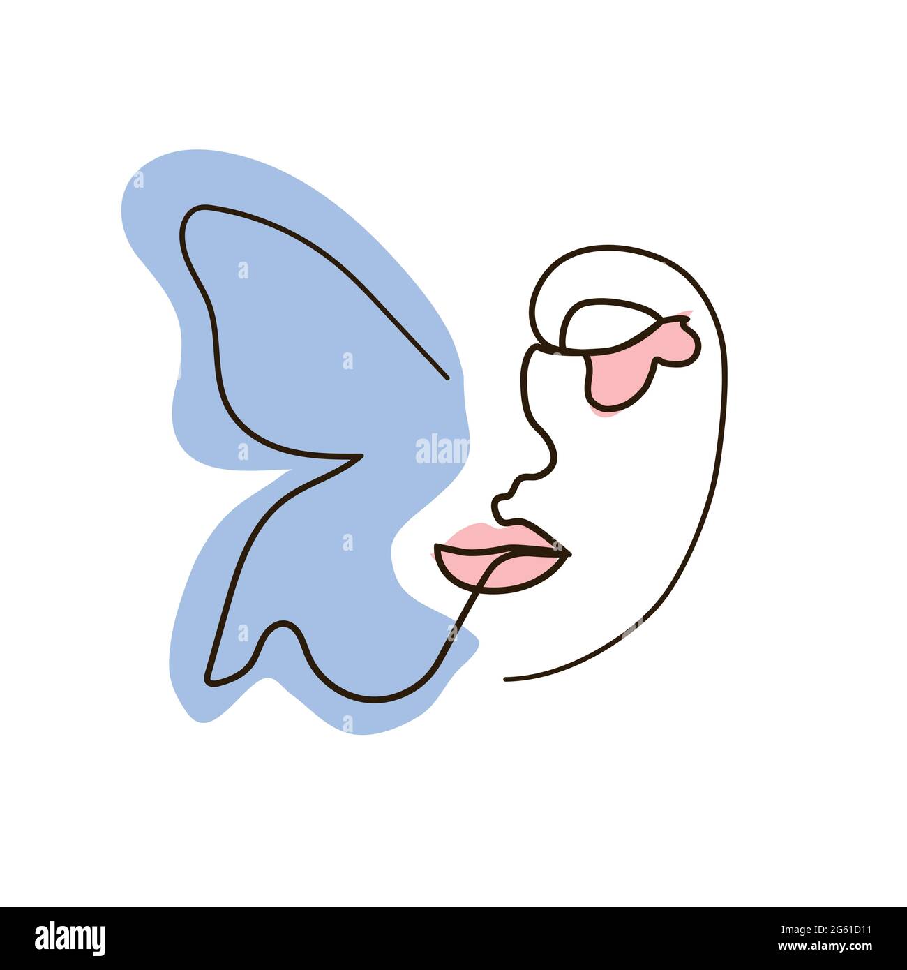 Frauen Gesicht mit Schmetterling eine Linie Zeichnung. Abstrakte, minimale, durchgehende Linie im Hochformat. Stock Vektor