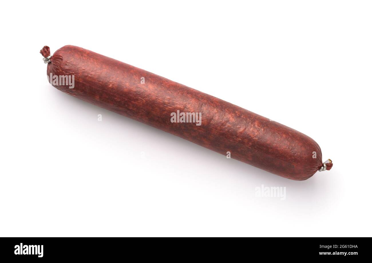Blick von oben auf die ganze geräucherte Wurst isoliert auf weiß Stockfoto