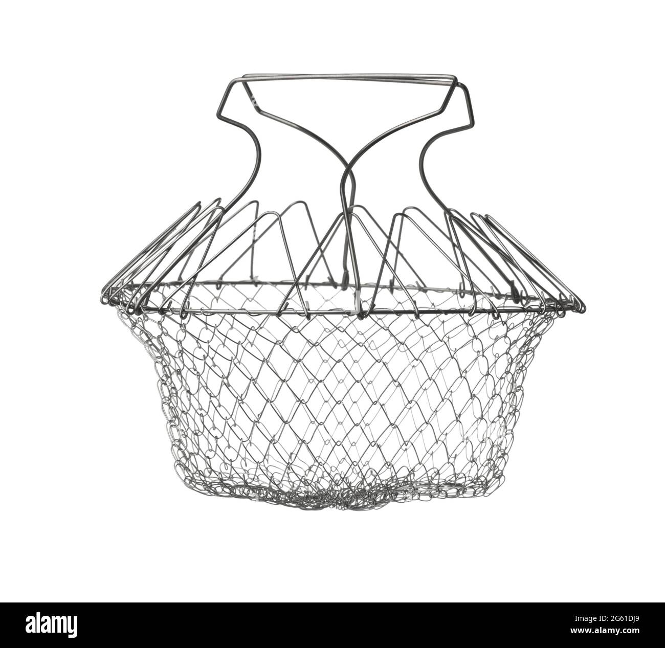Zusammenklappbarer, auf Weiß isolierter, runder Draht-Obstwaschkorb Stockfoto