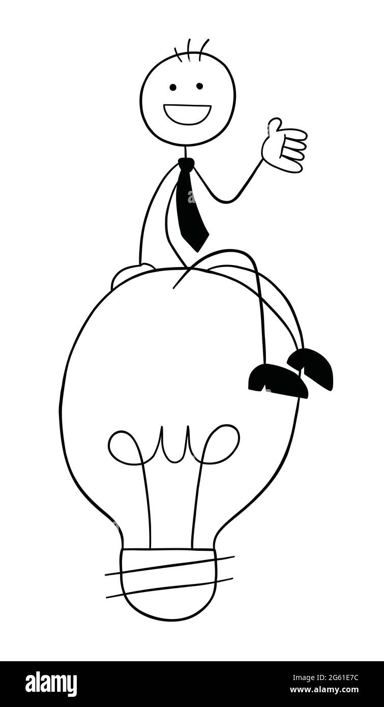 Stickman Geschäftsmann Charakter glücklich und sitzt auf der Glühbirne Idee, Vektor-Cartoon-Illustration. Schwarz umrandet und weiß gefärbt. Stock Vektor