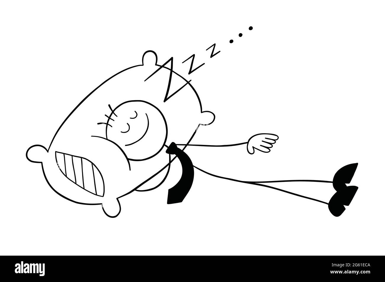 Stickman Geschäftsmann Figur schläft mit einem Kissen, Vektor-Cartoon