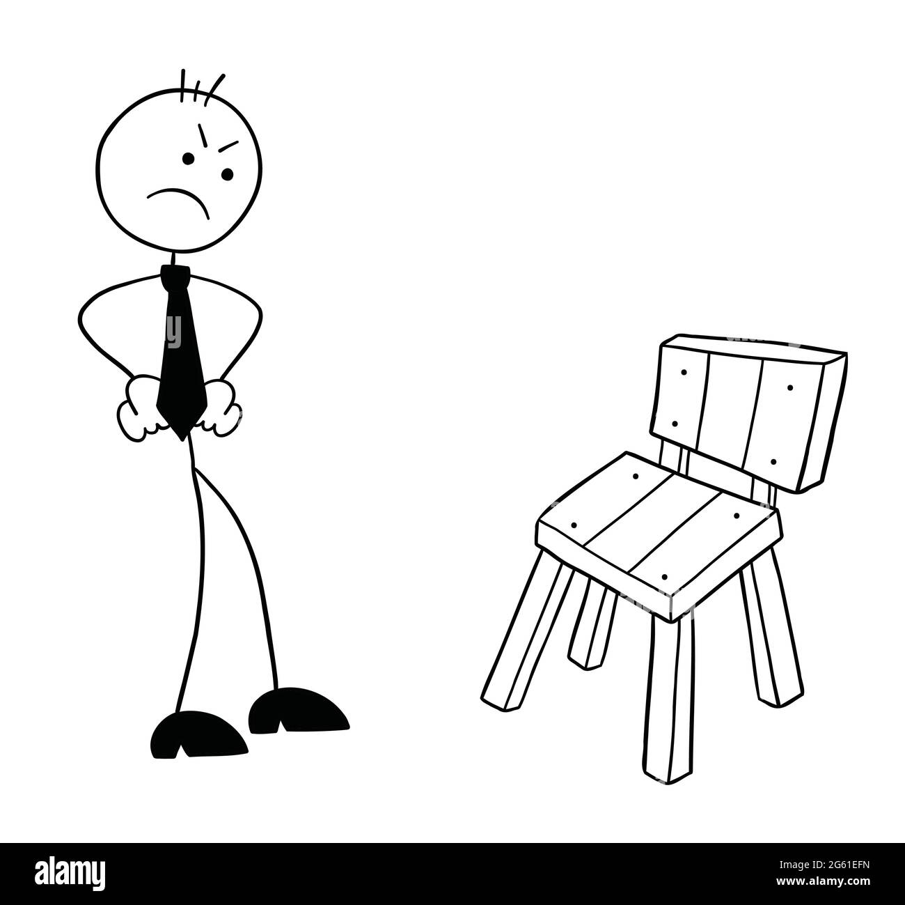 Stickman Geschäftsmann Charakter wird wütend, wenn er den Holzstuhl sieht, Vektor-Cartoon-Illustration. Schwarz umrandet und weiß gefärbt. Stock Vektor
