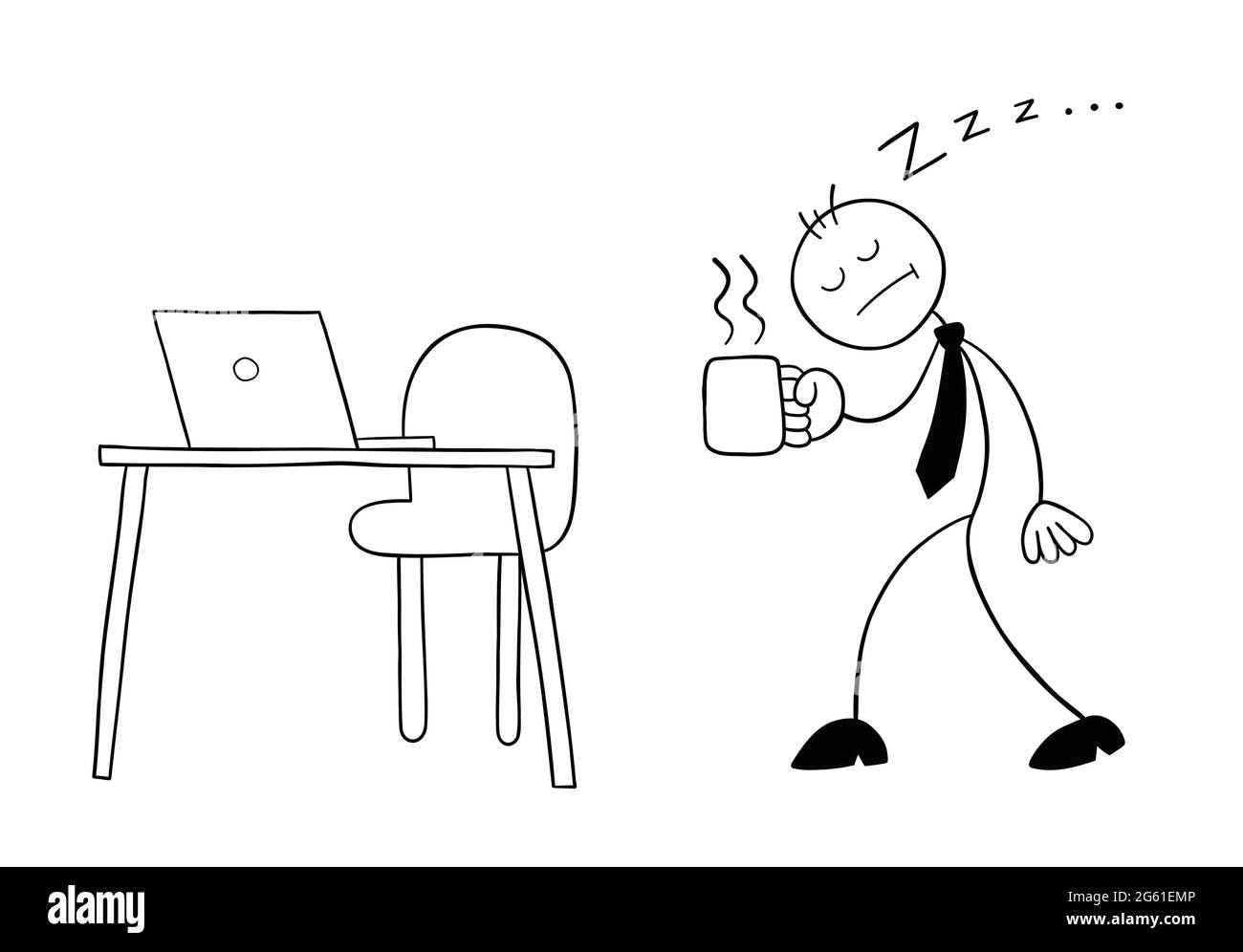 Stickman Geschäftsmann Charakter sehr verschlitzt, zu seinem Schreibtisch mit Kaffee, Vektor-Cartoon-Illustration. Schwarz umrandet und weiß gefärbt. Stock Vektor