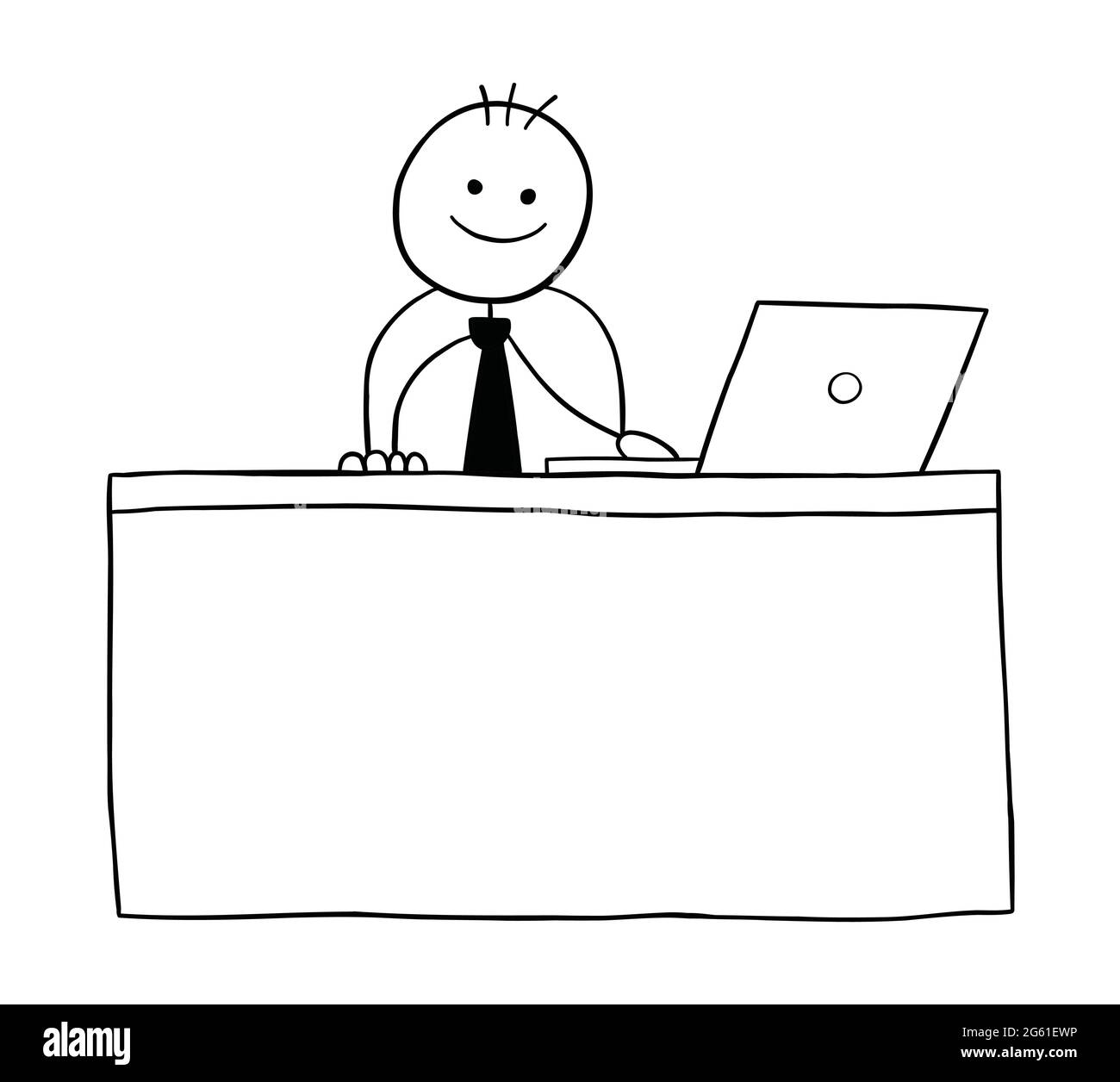 Stickman Geschäftsmann Charakter glücklich und sitzt am Schreibtisch, Vektor-Cartoon-Illustration. Schwarz umrandet und weiß gefärbt. Stock Vektor