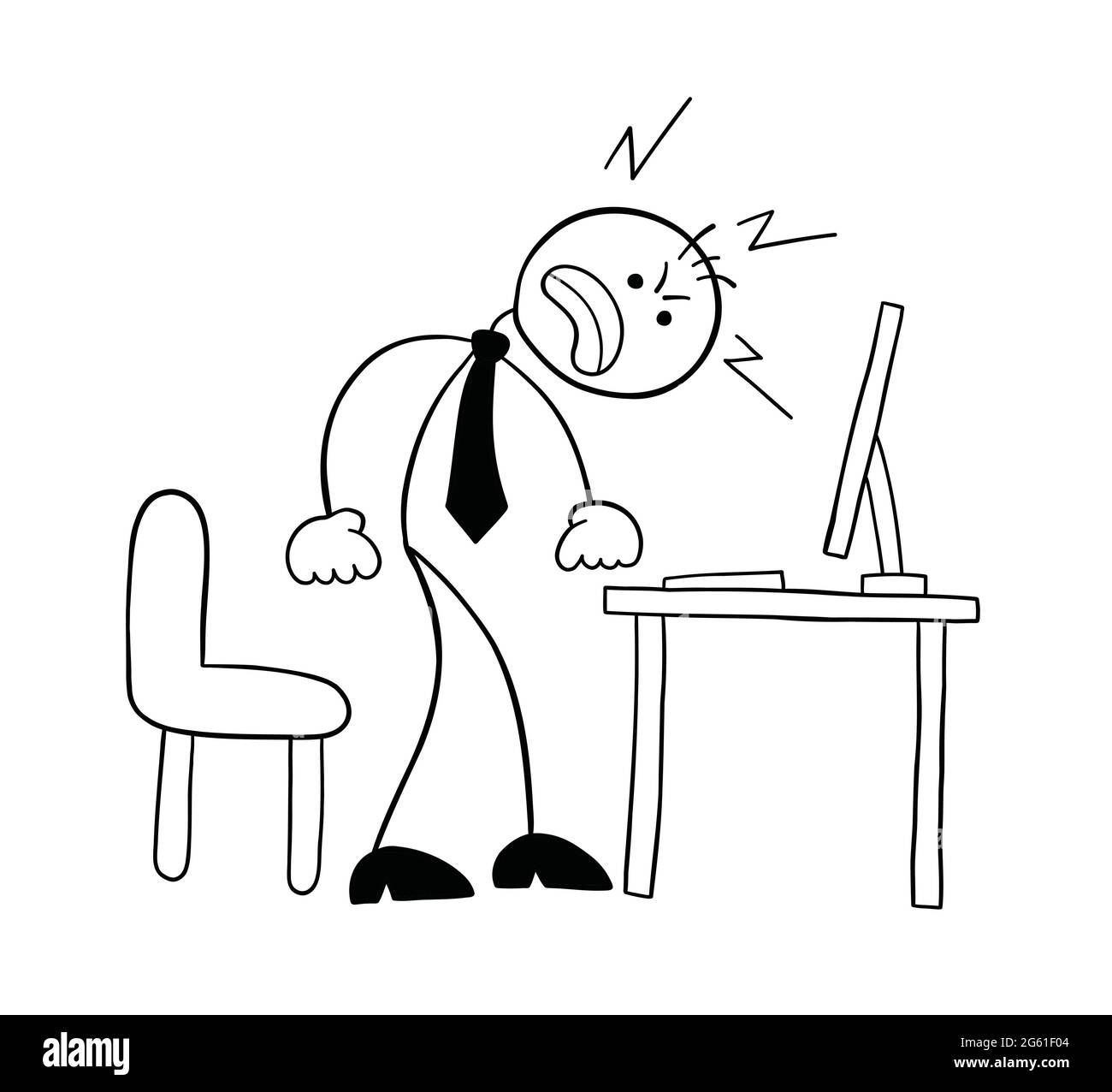 Stickman Geschäftsmann Charakter immer wütend auf den Computer, Vektor-Cartoon-Illustration. Schwarz umrandet und weiß gefärbt. Stock Vektor