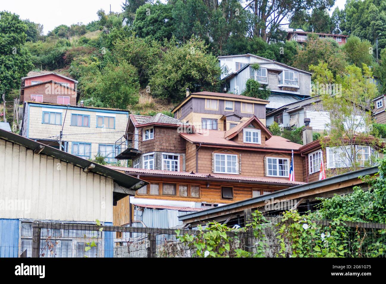 Bunte Holzhäuser in Puerto Montt, Chile Stockfoto