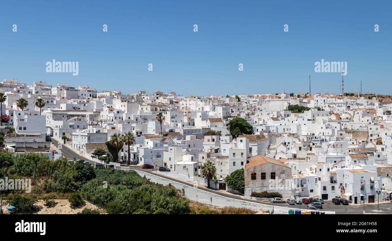 Panoramablick auf Vejer de la Frontera in Cádiz, Andalusien, Spanien Stockfoto