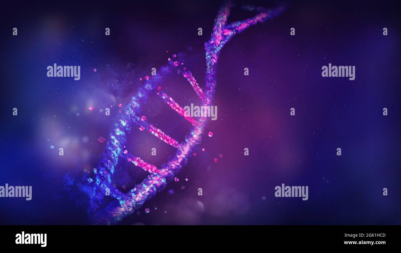 Beschädigte DNA-Doppelhelix in violett-blauen Farben, 3D-Rendering. Stockfoto