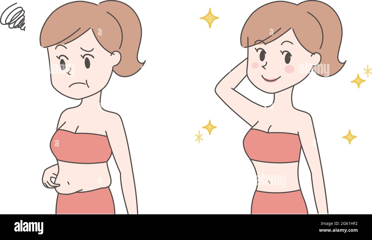 Die vor und nach einer Frau verlieren mehr Körperfett. Vektordarstellung isoliert auf rotem Hintergrund. Stock Vektor
