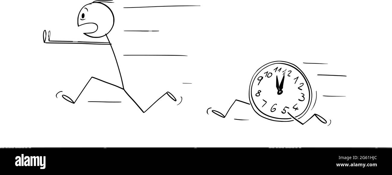 Person läuft von Zeit-Uhr oder Deadline, Vektor Cartoon Stick Abbildung Stock Vektor